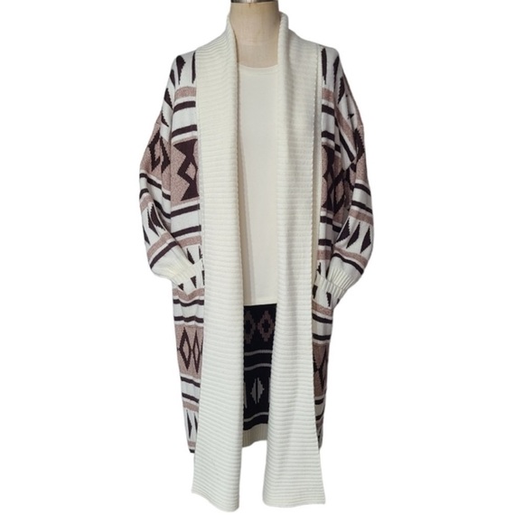 JOIE Aztec Tan Brown Long Sleeve Open Front Duster Sweater Cardigan Small - Picture 2 of 16